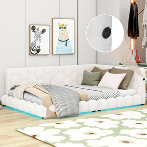 English Elm Upholstered Full Size Platform Bed with USB Ports, LED Accent Belt, White Modern Daybed Design GX000554AAK