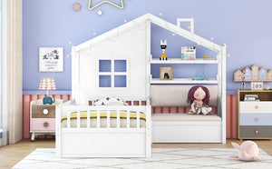 English Elm Twin House Bed Frame for Kids with Attached Sofa Two Drawers and Pine Slat Support HL000065AAK