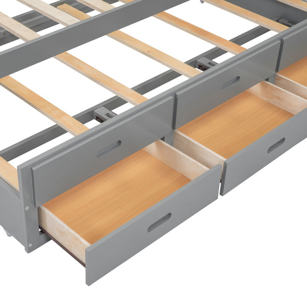 English Elm Full Full Size platform bed with trundle, 3 under-bed drawers, headboard shelves and USB ports—durable pine construction for storage and extra sleeping space Gray GX000352AAE