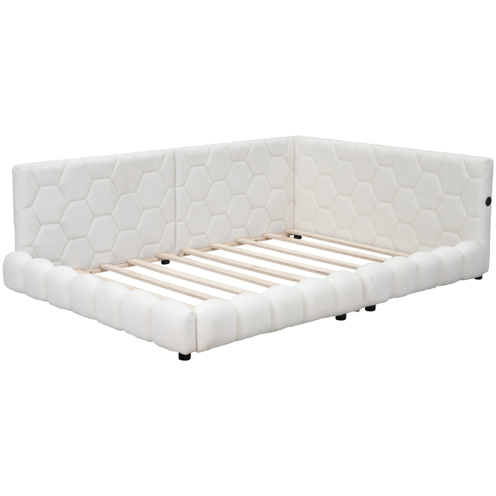 English Elm Upholstered Full Size Platform Bed with USB Ports, LED Accent Belt, White Modern Daybed Design GX000554AAK