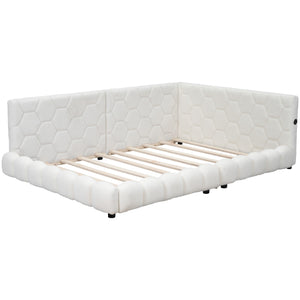 English Elm Upholstered Full Size Platform Bed with USB Ports, LED Accent Belt, White Modern Daybed Design GX000554AAK