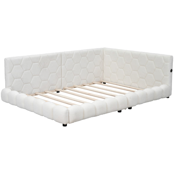 English Elm Upholstered Full Size Platform Bed with USB Ports, LED Accent Belt, White Modern Daybed Design GX000554AAK