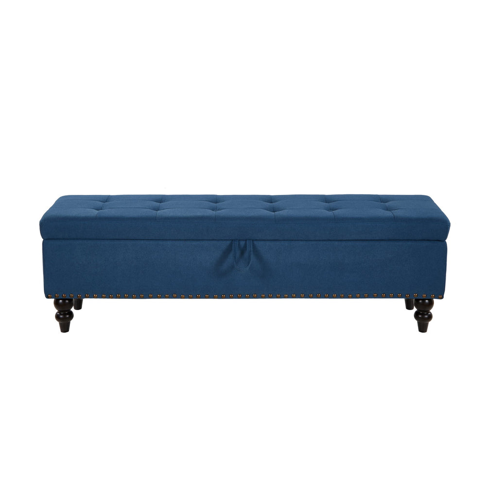 English Elm 59" Bed Bench Ottoman with Hidden Storage, Eucalyptus Wood Frame, Durable Linen Upholstery, 500lb Capacity Blue W1097124943