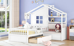 English Elm Twin House Bed with Sofa and Built-In Storage Drawers, Kids Platform Bed with Reading Nook Cozy Design White 43.5 L x 26.3 W x 9.25 H N733S337609K