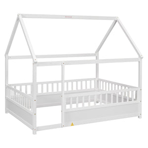 English Elm Full House Frame Floor Bed with Roof & High Fence Guardrails, Solid Pine/Plywood, Safe Spacious Design White W1858123986