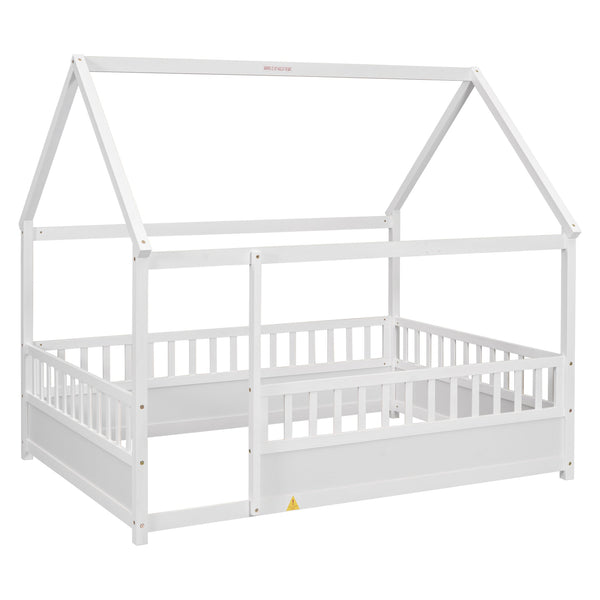 English Elm Full House Frame Floor Bed with Roof & High Fence Guardrails, Solid Pine/Plywood, Safe Spacious Design White W1858123986