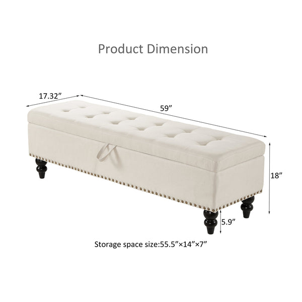 English Elm 59" Bed Bench Ottoman with Hidden Storage, Eucalyptus Wood Frame, Durable Linen Upholstery, 500lb Capacity Beige W1097124941