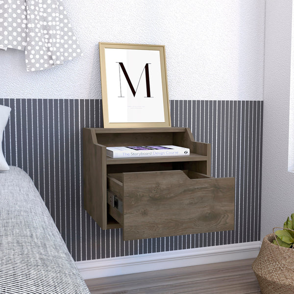 English Elm Busan Floating Nightstand with Single Drawer and Two-Tier Shelves — Wall-Mounted Modern Storage Solution Brown 18 L x 17 W x 5 H B200137841