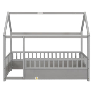 English Elm Twin House Frame Floor Bed with 20" High Fence, Solid Pine Roof, Spacious Entrance for Kids Safety Grey W1858123985