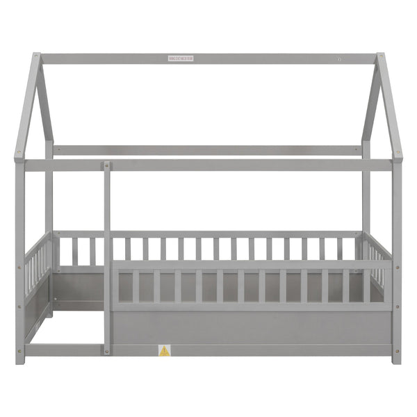 English Elm Twin House Frame Floor Bed with 20" High Fence, Solid Pine Roof, Spacious Entrance for Kids Safety Grey W1858123985