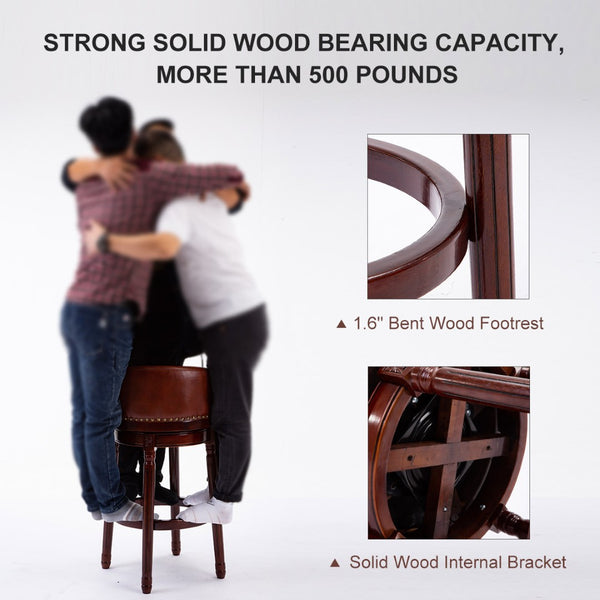 English Elm Seat 29.5" Brown Leather Wooden Bar Stool - 360° Swivel, Eco-Friendly Design For Kitchen & Home W2195135485-GIGA