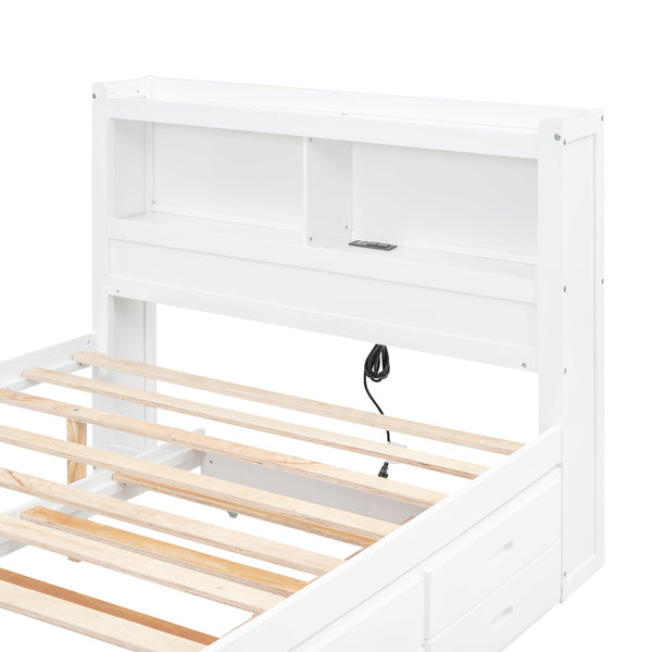 English Elm Full Full Size platform bed with trundle, 3 under-bed drawers, headboard shelves and USB ports—durable pine construction for storage and extra sleeping space White GX000352AAK