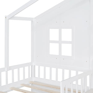 English Elm Twin House Bed Frame for Kids with Attached Sofa Two Drawers and Pine Slat Support HL000065AAK