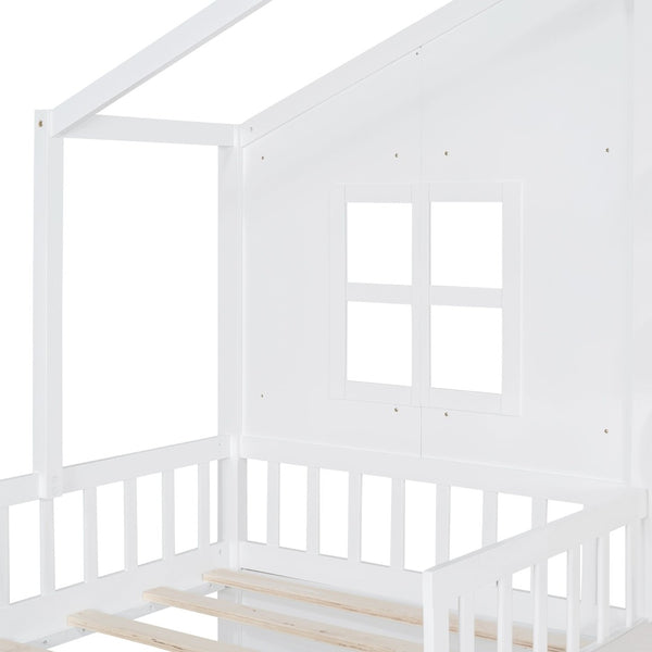 English Elm Twin House Bed Frame for Kids with Attached Sofa Two Drawers and Pine Slat Support HL000065AAK