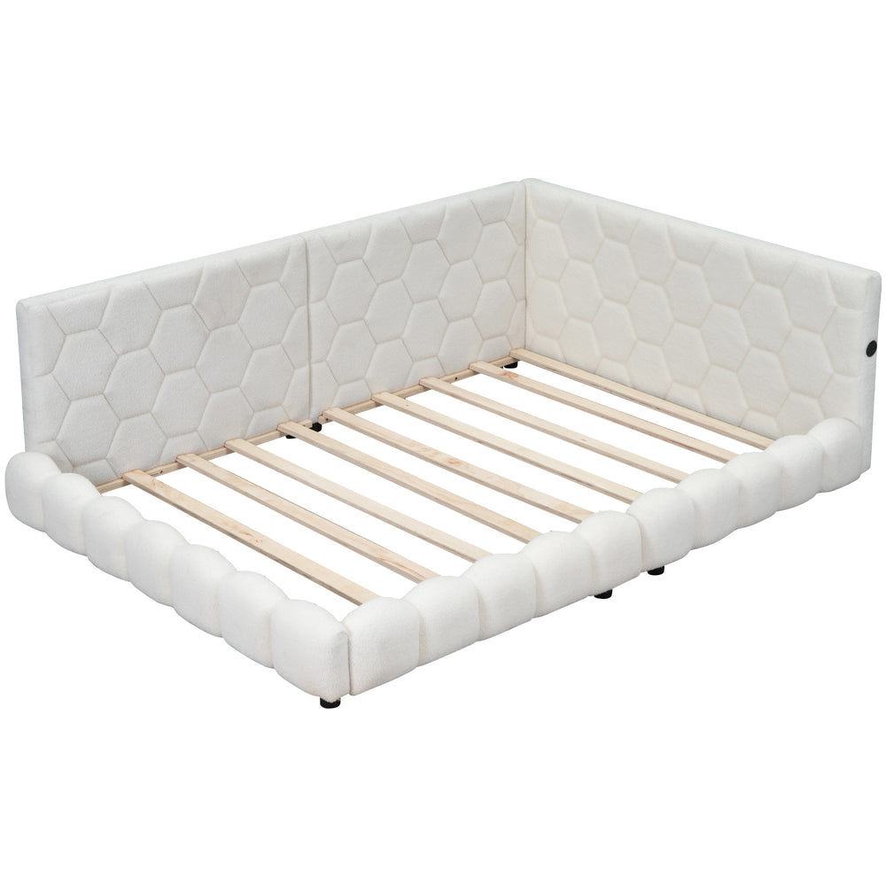 English Elm Upholstered Full Size Platform Bed with USB Ports, LED Accent Belt, White Modern Daybed Design GX000554AAK