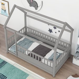 English Elm Twin House Frame Floor Bed with 20" High Fence, Solid Pine Roof, Spacious Entrance for Kids Safety Grey W1858123985