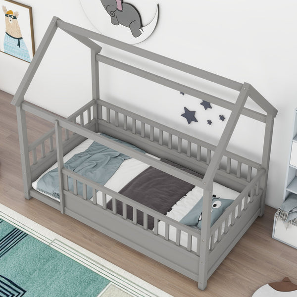 English Elm Twin House Frame Floor Bed with 20" High Fence, Solid Pine Roof, Spacious Entrance for Kids Safety Grey W1858123985
