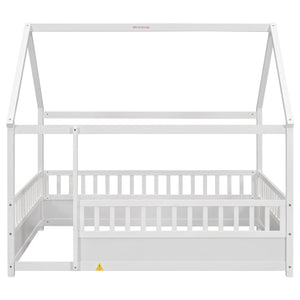 English Elm Full House Frame Floor Bed with Roof & High Fence Guardrails, Solid Pine/Plywood, Safe Spacious Design White W1858123986