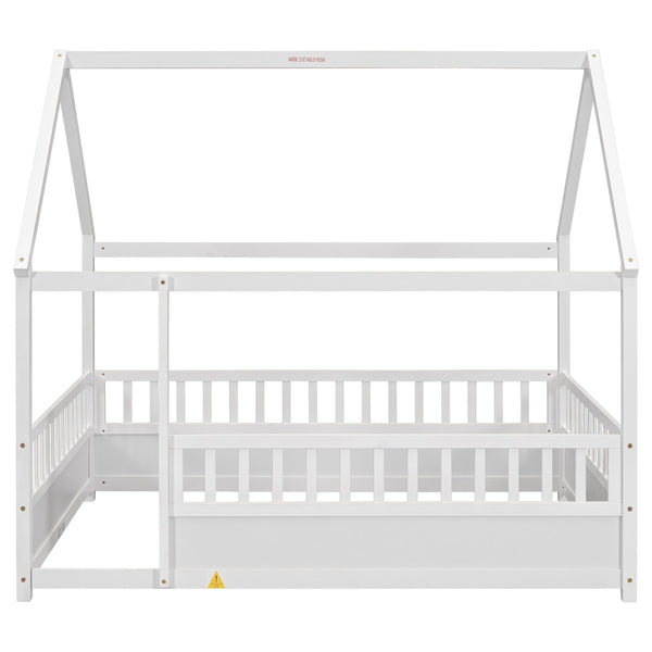 English Elm Full House Frame Floor Bed with Roof & High Fence Guardrails, Solid Pine/Plywood, Safe Spacious Design White W1858123986