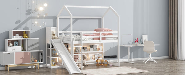 English Elm Twin House Loft Bed with Slide, Storage Shelves and Built-In Light — Playhouse Design, Sturdy 400lb Capacity White GX000355AAK