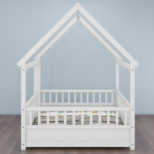 English Elm Full House Frame Floor Bed with Roof & High Fence Guardrails, Solid Pine/Plywood, Safe Spacious Design White W1858123986