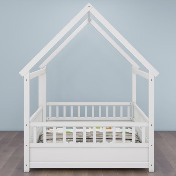 English Elm Full House Frame Floor Bed with Roof & High Fence Guardrails, Solid Pine/Plywood, Safe Spacious Design White W1858123986