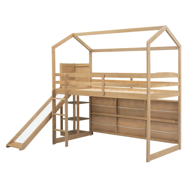English Elm Twin House Loft Bed with Slide, Storage Shelves and Built-In Light — Playhouse Design, Sturdy 400lb Capacity Wood GX000355AAD