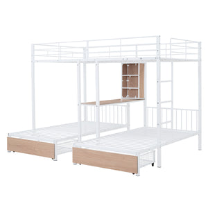 English Elm Full Triple Bunk Bed with Drawers and Built-in Desk Shelves, Space-Saving Metal & Wood Design for Families White SF000028AAK