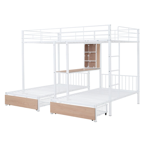 English Elm Full Triple Bunk Bed with Drawers and Built-in Desk Shelves, Space-Saving Metal & Wood Design for Families White SF000028AAK