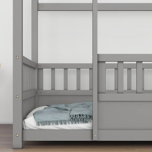 English Elm Twin House Frame Floor Bed with 20" High Fence, Solid Pine Roof, Spacious Entrance for Kids Safety Grey W1858123985