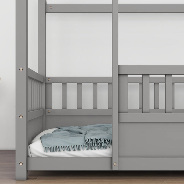 English Elm Twin House Frame Floor Bed with 20" High Fence, Solid Pine Roof, Spacious Entrance for Kids Safety Grey W1858123985