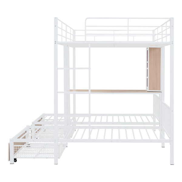 English Elm Full Triple Bunk Bed with Drawers and Built-in Desk Shelves, Space-Saving Metal & Wood Design for Families White SF000028AAK