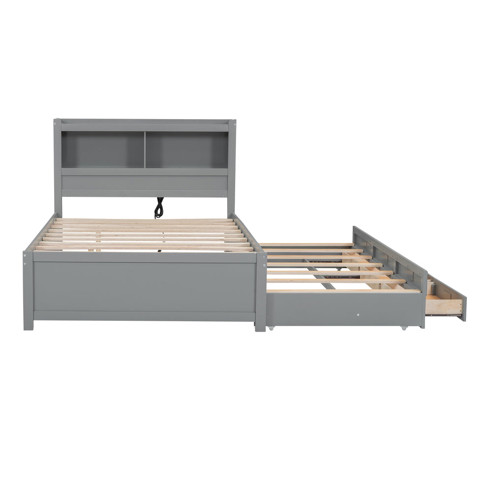 English Elm Full Full Size platform bed with trundle, 3 under-bed drawers, headboard shelves and USB ports—durable pine construction for storage and extra sleeping space Gray GX000352AAE