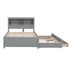 English Elm Full Full Size platform bed with trundle, 3 under-bed drawers, headboard shelves and USB ports—durable pine construction for storage and extra sleeping space Gray GX000352AAE