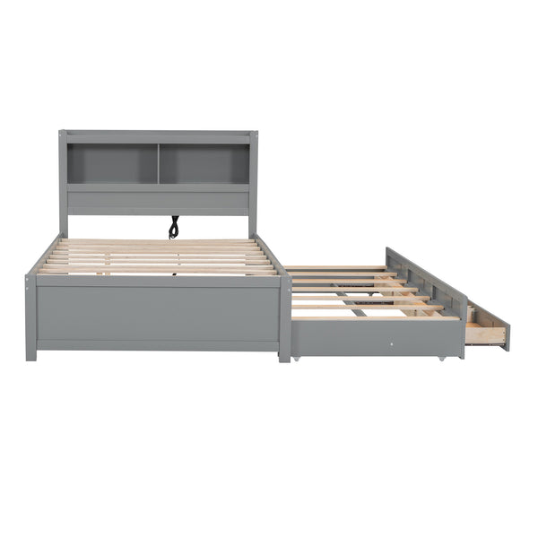 English Elm Full Full Size platform bed with trundle, 3 under-bed drawers, headboard shelves and USB ports—durable pine construction for storage and extra sleeping space Gray GX000352AAE