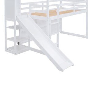 English Elm Twin House Loft Bed with Slide, Storage Shelves and Built-In Light — Playhouse Design, Sturdy 400lb Capacity White GX000355AAK