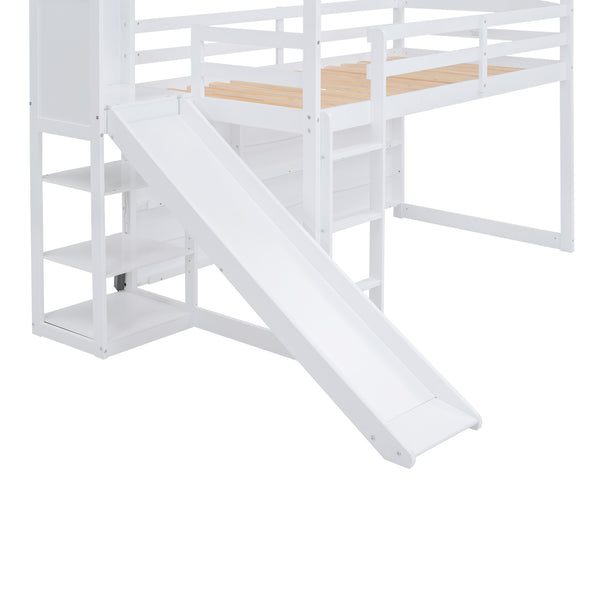 English Elm Twin House Loft Bed with Slide, Storage Shelves and Built-In Light — Playhouse Design, Sturdy 400lb Capacity White GX000355AAK