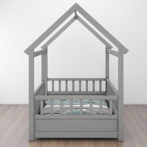 English Elm Twin House Frame Floor Bed with 20" High Fence, Solid Pine Roof, Spacious Entrance for Kids Safety Grey W1858123985