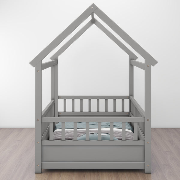 English Elm Twin House Frame Floor Bed with 20" High Fence, Solid Pine Roof, Spacious Entrance for Kids Safety Grey W1858123985