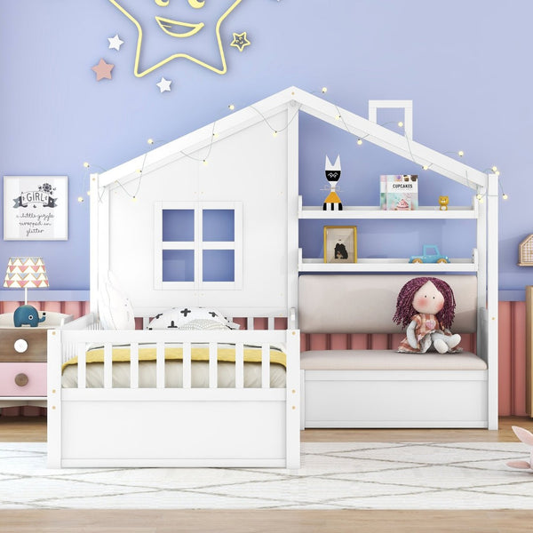 English Elm Twin House Bed Frame for Kids with Attached Sofa Two Drawers and Pine Slat Support HL000065AAK