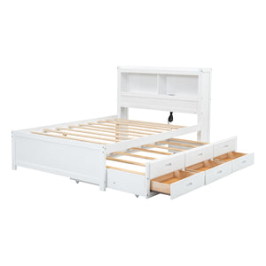 English Elm Full Full Size platform bed with trundle, 3 under-bed drawers, headboard shelves and USB ports—durable pine construction for storage and extra sleeping space White GX000352AAK
