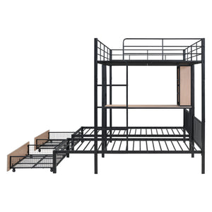 English Elm Full Triple Bunk Bed with Drawers and Built-in Desk Shelves, Space-Saving Metal & Wood Design for Families Black SF000028AAB