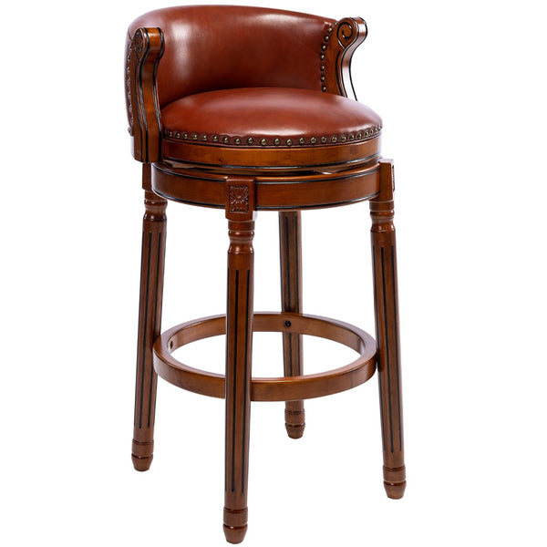 English Elm Seat 29.5" Brown Leather Wooden Bar Stool - 360° Swivel, Eco-Friendly Design For Kitchen & Home W2195135485-GIGA