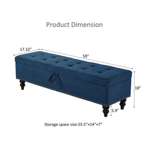 English Elm 59" Bed Bench Ottoman with Hidden Storage, Eucalyptus Wood Frame, Durable Linen Upholstery, 500lb Capacity Blue W1097124943