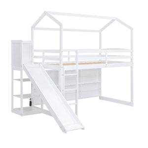 English Elm Twin House Loft Bed with Slide, Storage Shelves and Built-In Light — Playhouse Design, Sturdy 400lb Capacity White GX000355AAK