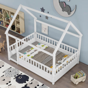English Elm Full House Frame Floor Bed with Roof & High Fence Guardrails, Solid Pine/Plywood, Safe Spacious Design White W1858123986