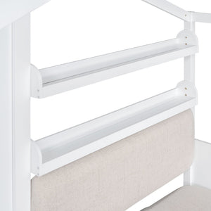 English Elm Twin House Bed Frame for Kids with Attached Sofa Two Drawers and Pine Slat Support HL000065AAK