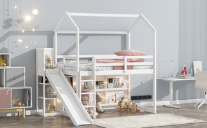 English Elm Twin House Loft Bed with Slide, Storage Shelves and Built-In Light — Playhouse Design, Sturdy 400lb Capacity White GX000355AAK