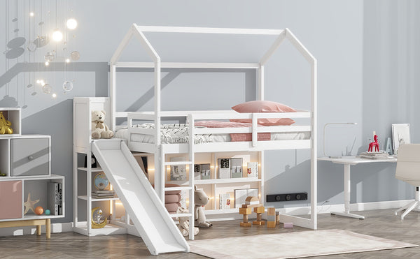 English Elm Twin House Loft Bed with Slide, Storage Shelves and Built-In Light — Playhouse Design, Sturdy 400lb Capacity White GX000355AAK
