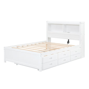 English Elm Full Full Size platform bed with trundle, 3 under-bed drawers, headboard shelves and USB ports—durable pine construction for storage and extra sleeping space White GX000352AAK